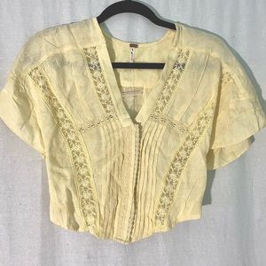 Free people pale yellow cinched waist blouse top